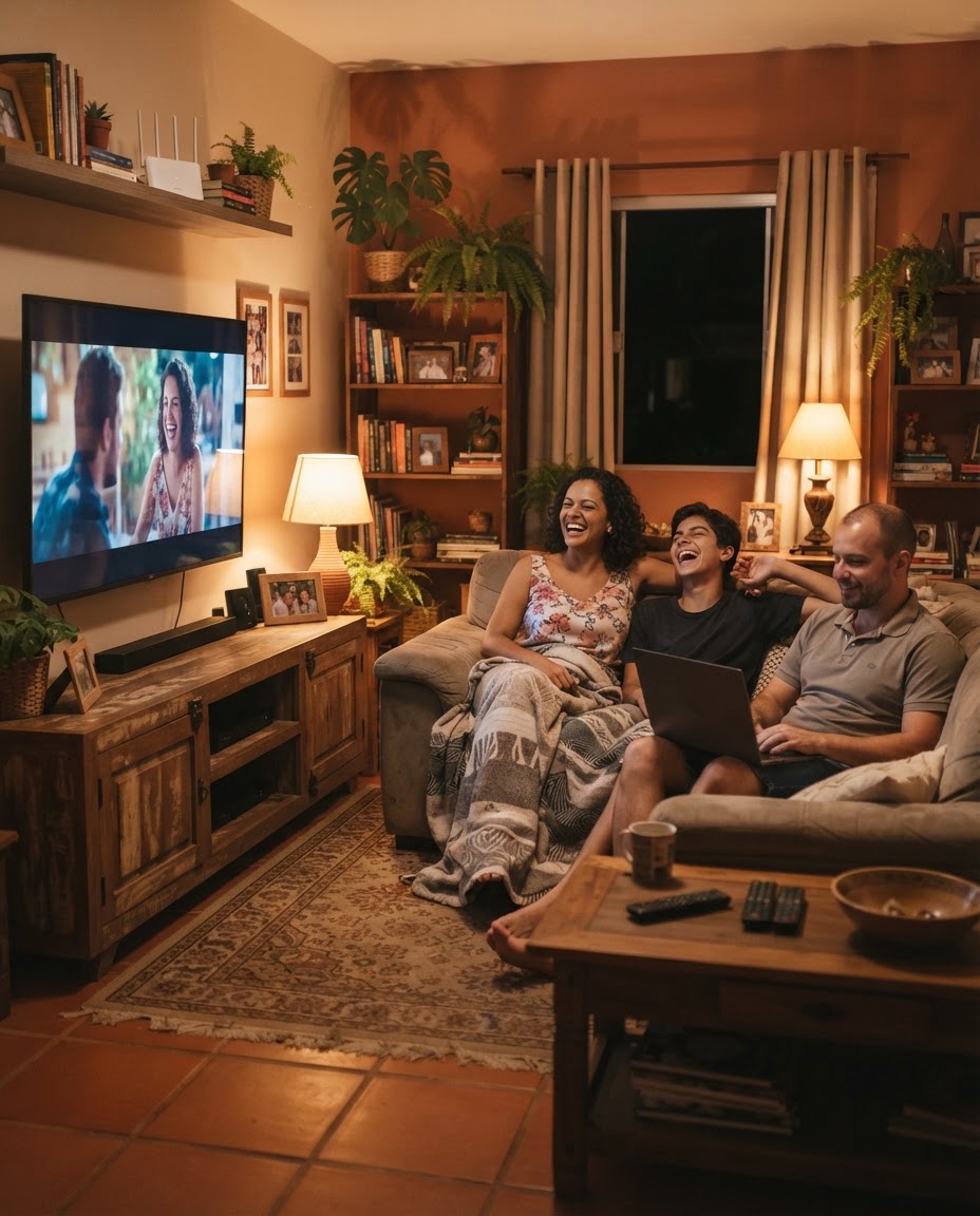 Família usando a internet fibra da MV Telecom